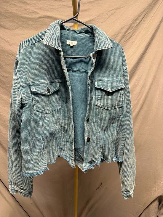 POL Jackets & Blazers - POL Clothing Teal Acid Wash Corduroy Cropped Jacket with Frayed Hem